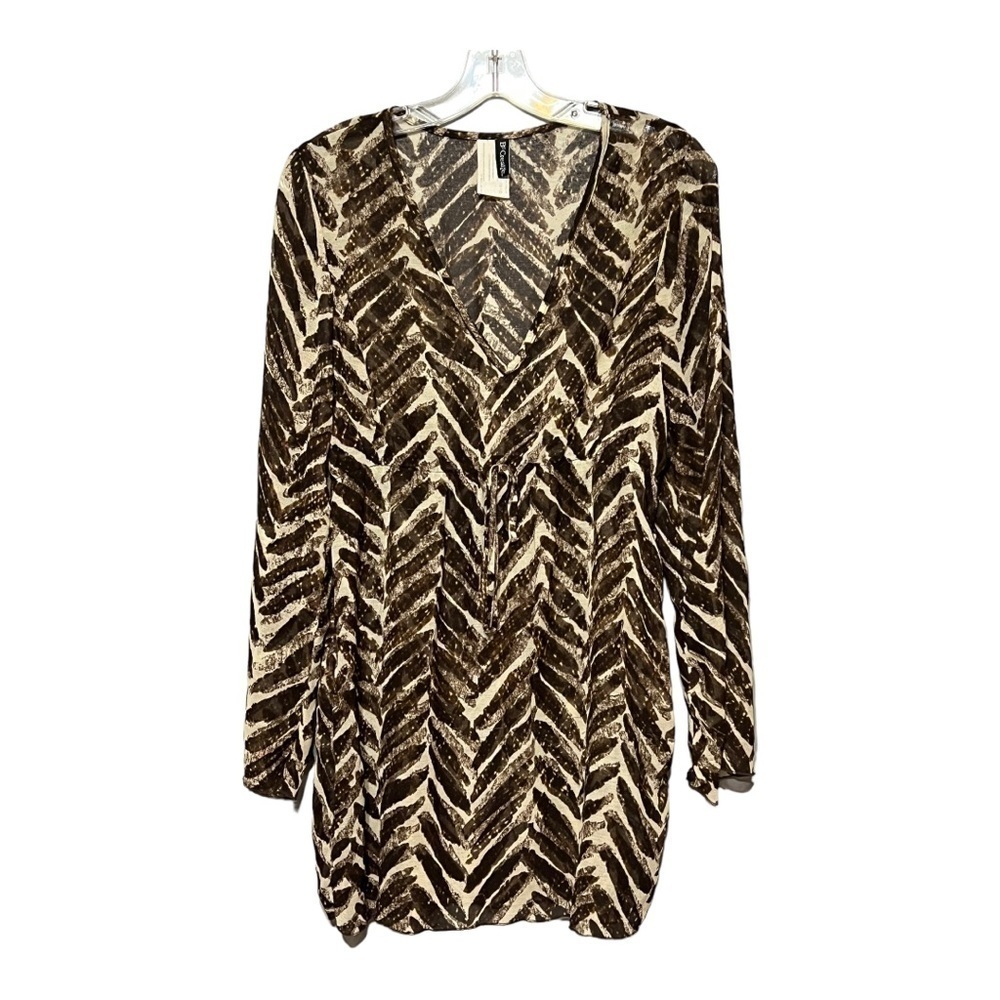 Be Creative Swimsuit Cover-Up Medium Brown Exotic Print Sheer Long Sleeve